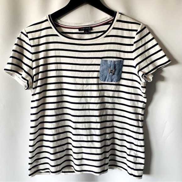 Tommy Hilfiger Women’s Striped Crew Neck Pocket Detail T-Shirt Size Large - Picture 1 of 10
